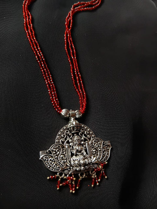 Maroon Hydro Beads Necklace with Antique Oxidised Silver Pendant 22 Inch