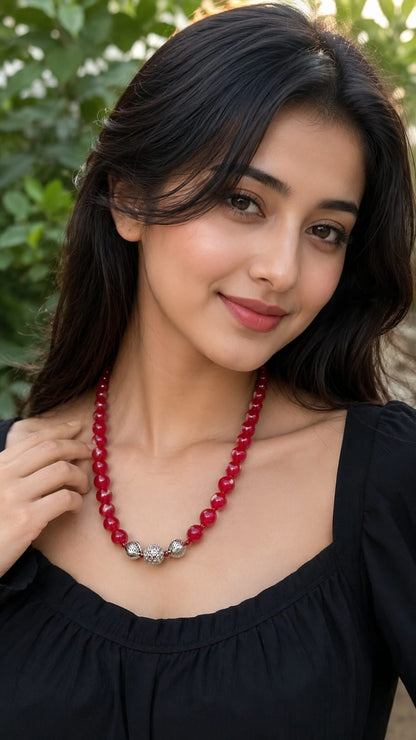 Ruby red Agate beads with cz stone balls necklace  20 inches