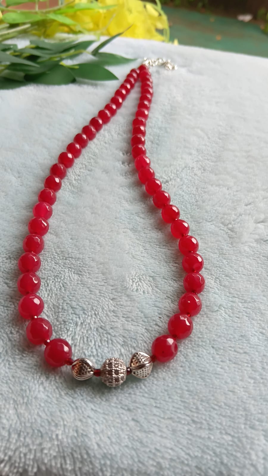 Ruby red Agate beads with cz stone balls necklace  20 inches