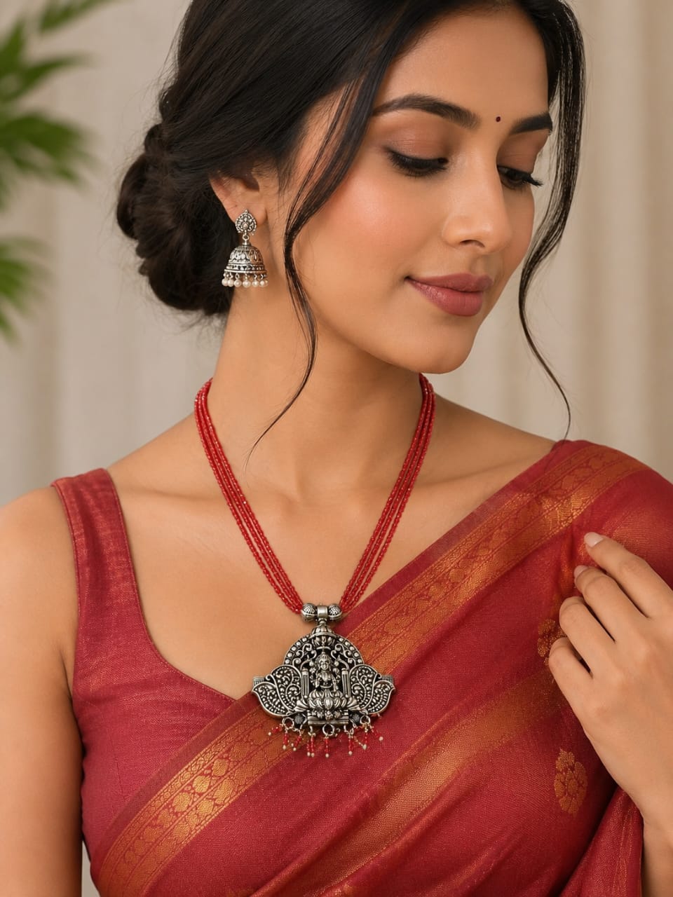 Maroon Hydro Beads Necklace with antique oxidised silver pendant 22 Inch