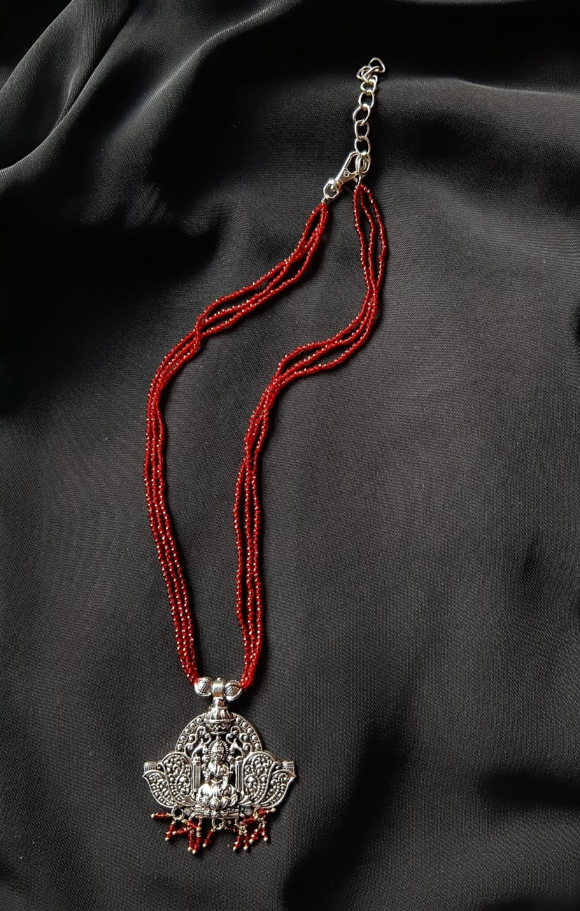 Maroon Hydro Beads Necklace with antique oxidised silver pendant 22 Inch